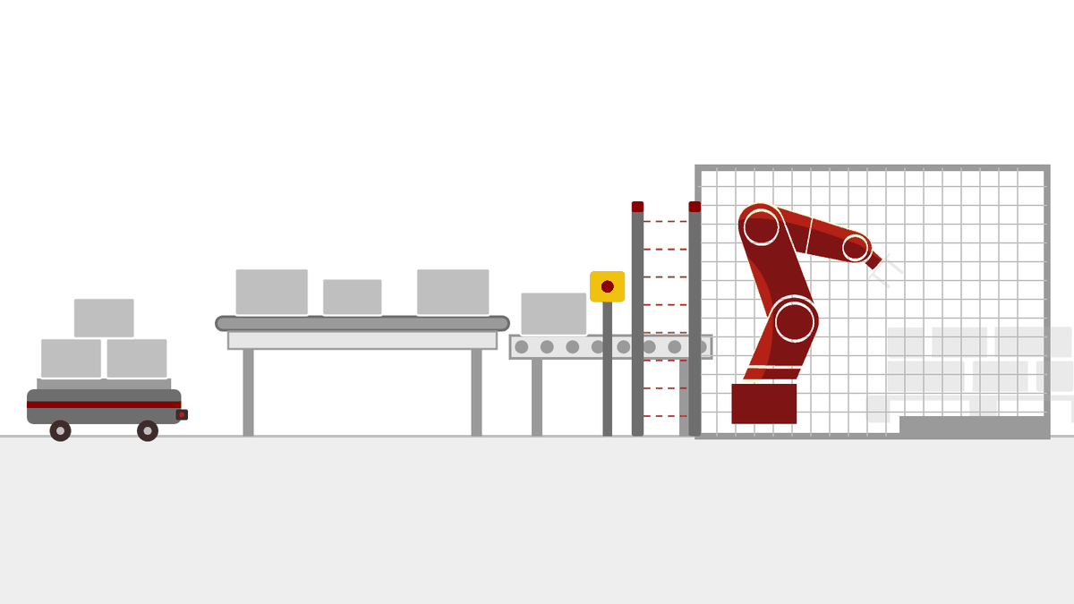 Linked conveyor system with automated guided vehicle, light curtain, guard fence and palletising robot – machinery safety in conveyor systems