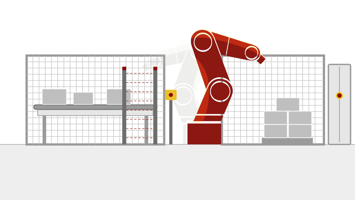 Robot cell with guard fence, light curtain and palletising station – machinery safety for robot applications